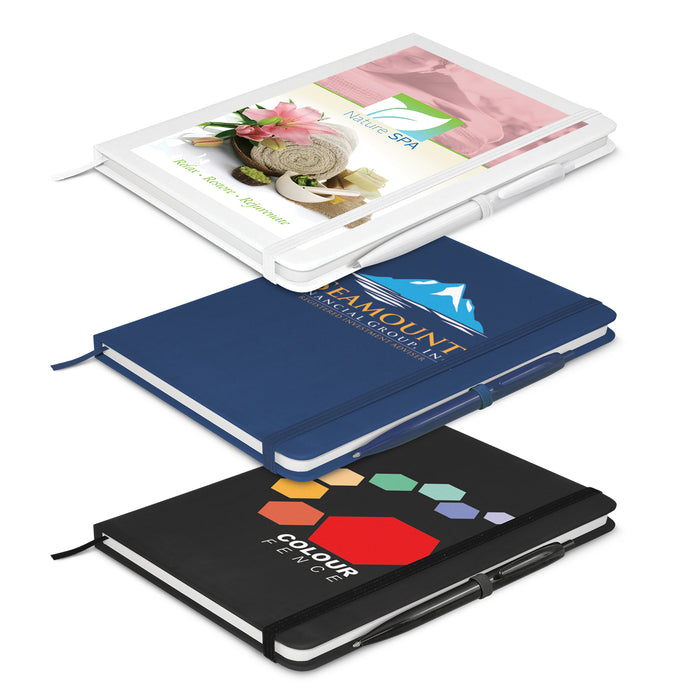 Hard cover A5 notebook with elastic band retainer & matching pen attached