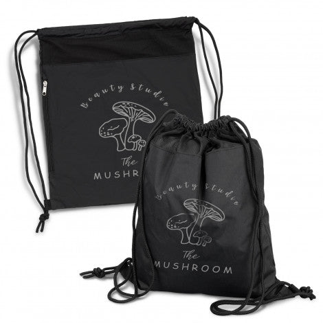 black drawstring waterproof backpack with front pocket made from High density nylon. Can be branded