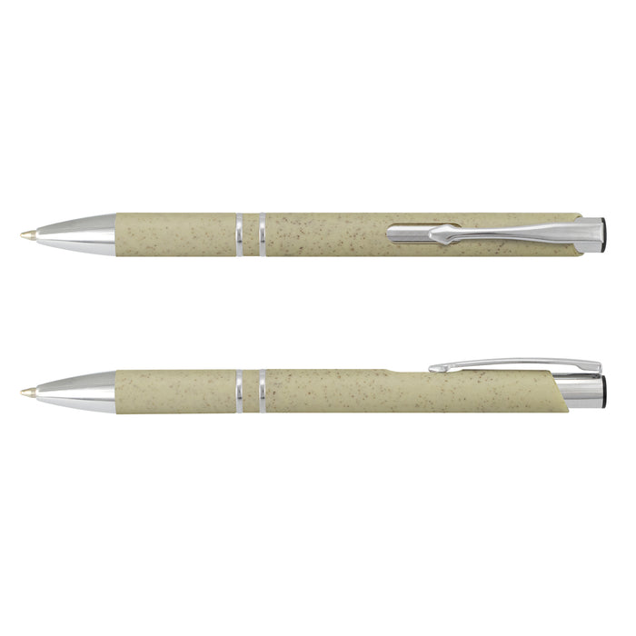 A retractable ballpoint pen with a matte finish body made from a blend of wheat straw fibre and ABS plastic, featuring shiny chrome accents and a clip.