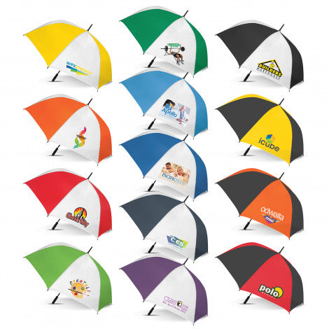 Sturdy sports umbrella available in various colours with branding applied